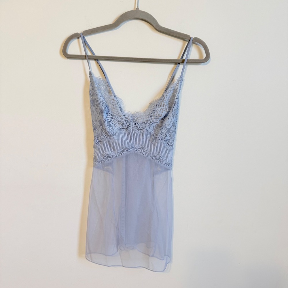Victoria's Secret Lace Mesh Babydoll Chemise Light Blue L NWT 23798204